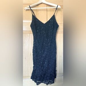 Lulus: Black, Lace, Sequin, Spaghetti Strap, Mini Dress (Size Small)